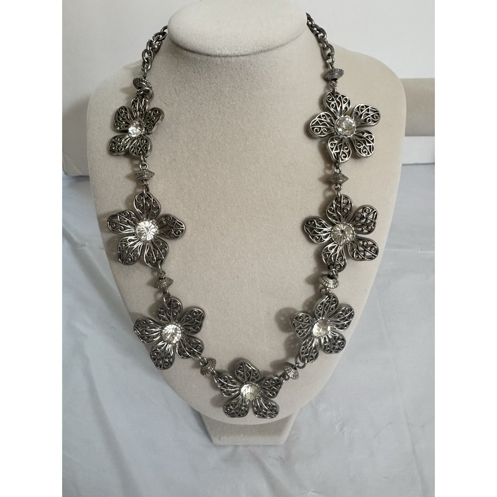 Vintage Filigree Flower Statement Necklace Silver Tone Clear Crystal Floral Boho